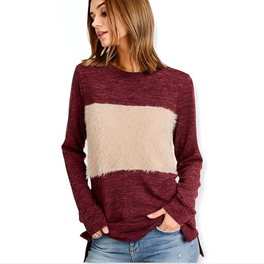 New! Burgundy Contrast Faux Fur Top